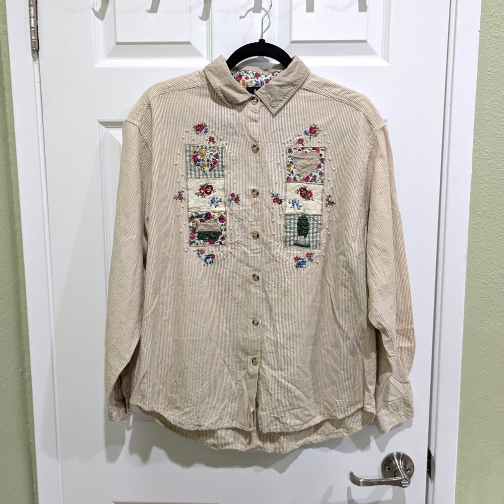 Vintage Cottagecore Appliques and Pearls Shirt size XL
